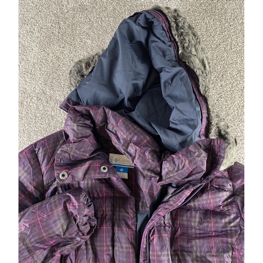Columbia Womens M Puffer Rain Adjustable Fur Hooded Jacket Purple Aryclic Blend